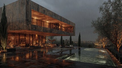 Modern villa, rain, pool, night, hills