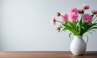 Fototapeta premium Elegant pink flowers in white vase on wooden table against minimalist background