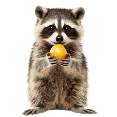 Fototapeta premium Adorable Baby Raccoon Holding a Juicy Orange Fruit Cute Wildlife Animal Photography Studio Shot Isolated transparent background pet food icon funny sweet 