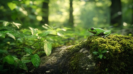 Obraz premium Green frog resting on mossy rock in lush forest