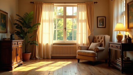 Serene sunlit living room with comfortable armchair, wooden furniture, and large window