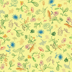 This tossed pattern of hand drawn stylized line art daisies, tulips, wild flower branches, leaves adds a touch of cozy childhood to your design. Can be used for girls clothing and adult accessory