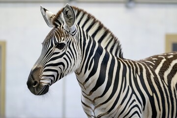 Fototapeta premium Zebra standing in an indoor enclosure, wearing a harness. Young and adorable with distinctive black and white stripes.