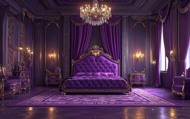 Royal Purple Bed in a luxurious high-ceiling bedroom with antique chandeliers and intricate patterns, creating a regal and elegant feel