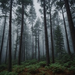 Fototapeta premium A mystical foggy forest with tall pine trees.
