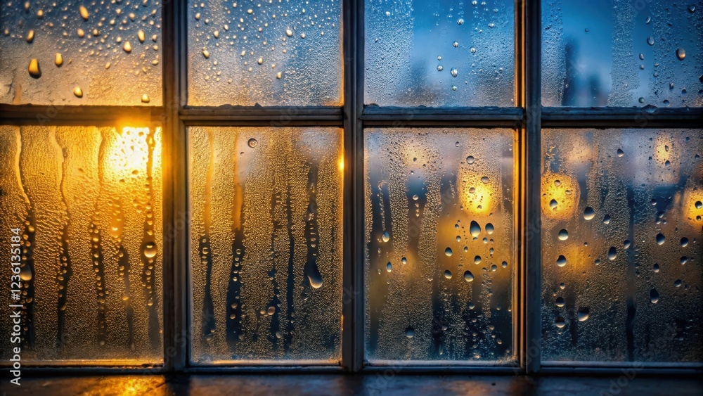 Poster condensation on a window pane, capturing the warmth of the setting sun and the cool air outside.