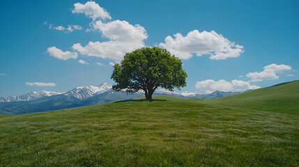 Lone tree on grassy hill, snowy mountains background; nature serenity