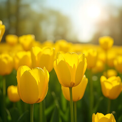 Expansive Field of Golden Yellow Tulips in Full Bloom &ndash; Panoramic Spring Landscape for Garden Aesthetics, Nature&rsquo;s Beauty, and Seasonal Blossoms