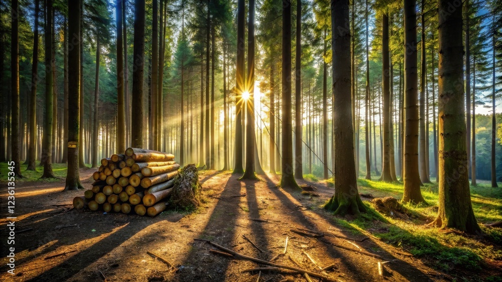 Aufkleber Golden Light Streams Through a Dense Forest, Illuminating a Pile of Cut Logs on the Forest Floor