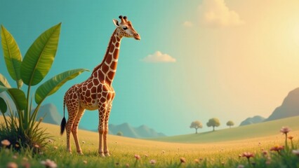 Obraz premium A young giraffe stands in a serene meadow, bathed in the warm glow of the setting sun, amidst lush greenery and wildflowers, a tranquil scene of wildlife in a peaceful landscape.