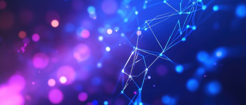 Abstract technology background with glowing lines and dots, representing data connectivity and digital networks in a vibrant blue and purple color scheme.