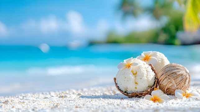 Tropical beach ice cream coconut shells