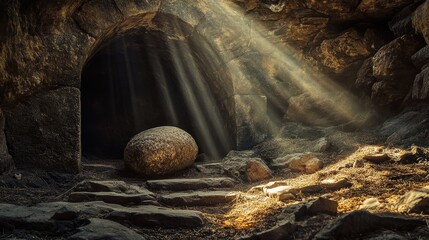 Obraz premium Ancient cave entrance with sunlight streaming through, highlighting a large stone, creating a mystical atmosphere for historical or archaeological themes.