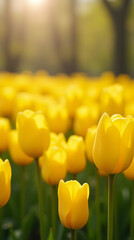 Obraz premium Expansive Field of Golden Yellow Tulips in Full Bloom – Panoramic Spring Landscape for Garden Aesthetics, Nature’s Beauty, and Seasonal Blossoms