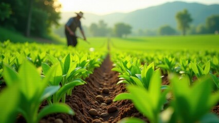 Fototapeta premium A Farmer Cultivating Rows of Vibrant Green Seedlings in a Lush Field at Sunrise