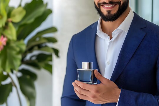 Man Holding Perfume Bottle in Elegant Suit