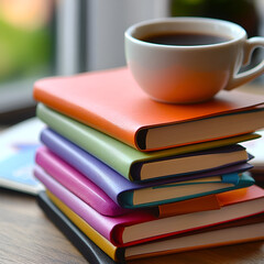 Fototapeta premium Colorful Stack of Books with Coffee: A captivating composition of a stack of colorful books topped with a steaming cup of coffee, inviting thoughts of relaxation and learning.