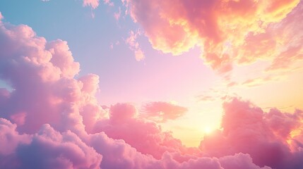 Bright sunrise over fluffy clouds painted in shades of pink and orange fills the sky with warmth and beauty in the early morning