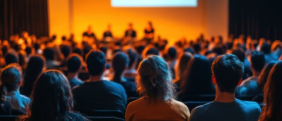 Audience engagement at a conference with speakers on stage presenting ideas and discussing industry trends. Networking, learning, and collaboration among attendees.