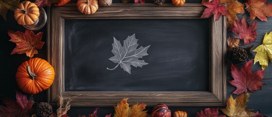 Autumn decorations with pumpkins and colorful leaves surrounding a chalkboard, ideal for fall themed events, seasonal recipes, or educational activities.