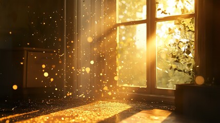 Golden sunlight streams through window, illuminating dust motes; plant in pot; serene morning scene; ideal for calm, peaceful mood imagery