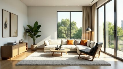 Serene Living Room Interior Design with Modern Furniture and Abundant Natural Light Streaming Through Floor-to-Ceiling Windows