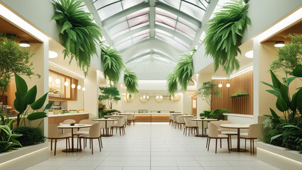 Fototapeta premium Luxurious restaurant with palm trees inside with a large glass atrium with wooden walls and fashionable furniture. 3d rendering.
