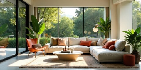 Fototapeta premium Modern Sectional Sofa in Sunlit Living Room with Lush Greenery and Comfortable Accent Chair