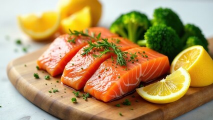 Delicious salmon fillets prepared with fresh herbs, accompanied by vibrant citrus slices and nutritious broccoli florets, arranged on a rustic wooden cutting board