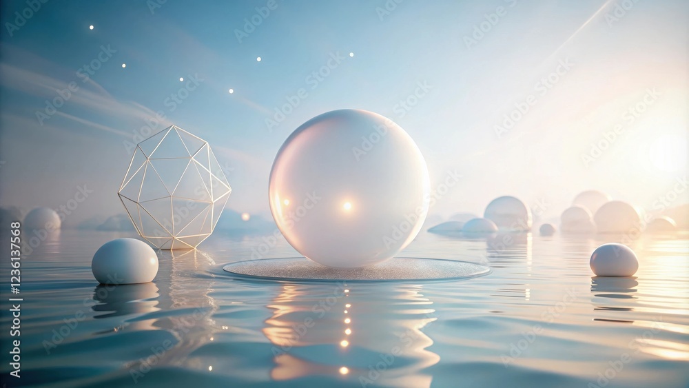 Poster a shimmering sphere rests on a platform in a serene landscape, surrounded by other orbs floating gen