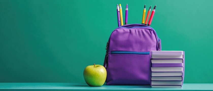Backpack, school books, and apple on table with colorful pens against green background, representing education, studying, and back-to-school preparation. - Powered by Adobe