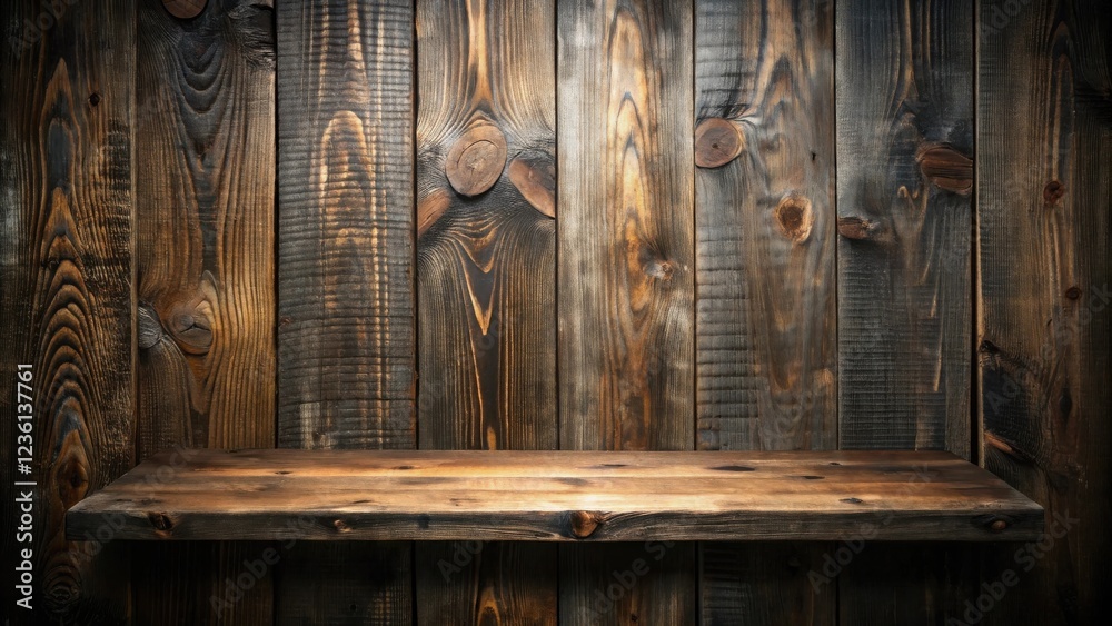 Poster rustic wooden shelf with a weathered wood plank background for product display