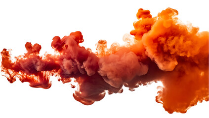 This dynamic image showcases a mesmerizing display of orange and red ink swirling and diffusing in water against on a transparent background.