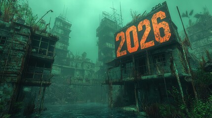 Naklejka premium Abandoned Urban Landscape with Large Number 2026 on Building in a Post-Apocalyptic Setting Surrounded by Overgrown Vegetation