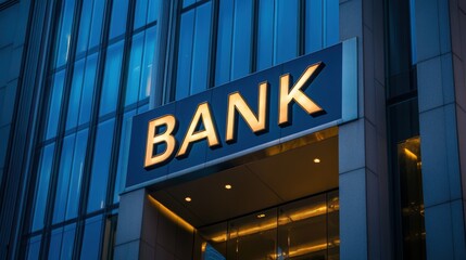 Obraz premium Bank exterior with illuminated sign showcasing modern architecture and financial services in urban setting, reflecting banking industry and economic growth.