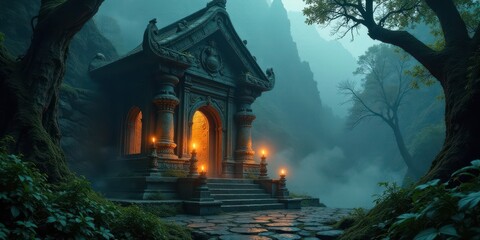 Fototapeta premium Ancient Stone Shrine Beckons in Misty Mountain Valley, Illuminated by Candlelight