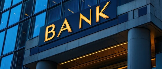 Banking institution exterior at dusk with illuminated sign showcasing financial services, attracting customers seeking loans, investments, and savings solutions.