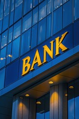 Obraz premium Bank sign illuminated at night on modern skyscraper, showcasing financial stability and services. Urban banking environment with contemporary architecture in finance.