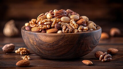 Wooden bowl of mixed nuts on dark wood.  Healthy snack food photography