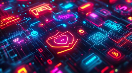 Neon heart secured in digital network; data protection concept; website header