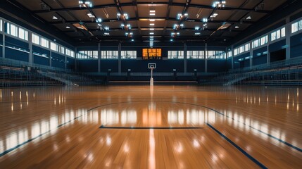 Fototapeta premium Basketball court interior with polished wood floor and scoreboard in sports arena. Empty gym space for games, practice sessions or athletic events.