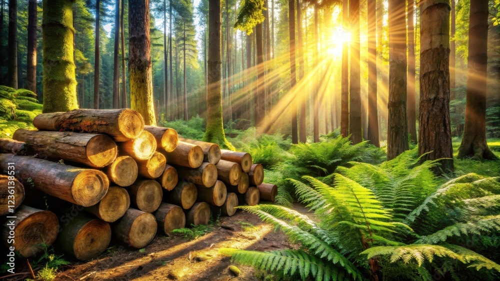 Poster sunlight dappled through a forest canopy illuminates a stack of logs, casting shadows on lush green 