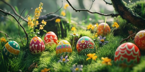 Easter celebration with vibrant eggs hidden among the grass and moss