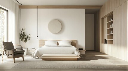 Minimalist bedroom interior design with light wooden furniture and soft tones showing elegance