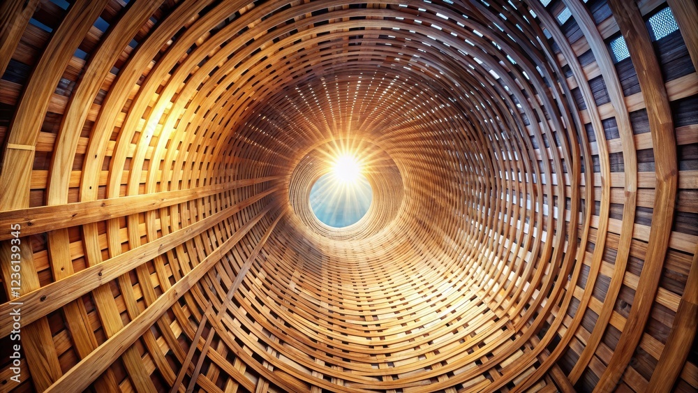 Poster Sunlight streams through a circular wooden lattice structure, creating a mesmerizing pattern of light and shadow.