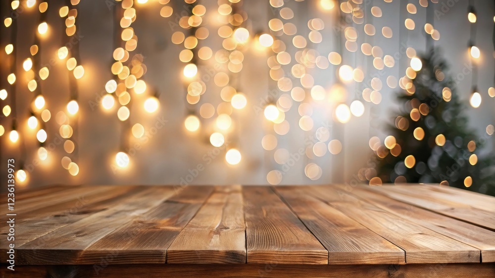Aufkleber wooden tabletop with festive bokeh lights and blurred christmas tree in background