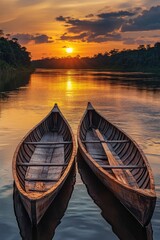 Fototapeta premium Sunset on river with two boats, depicting tranquility and natural beauty.