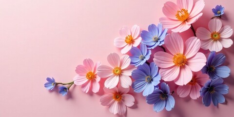Fototapeta premium A Delicate Arrangement of Pink and Blue Flowers on a Soft Pink Background