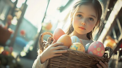 Little girl holding basket of colorful eggs