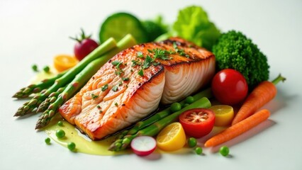 A succulent pan-seared salmon fillet, artfully arranged atop a vibrant medley of fresh vegetables, including asparagus, peas, carrots, broccoli, and cherry tomatoes, drizzled with a light sauce.